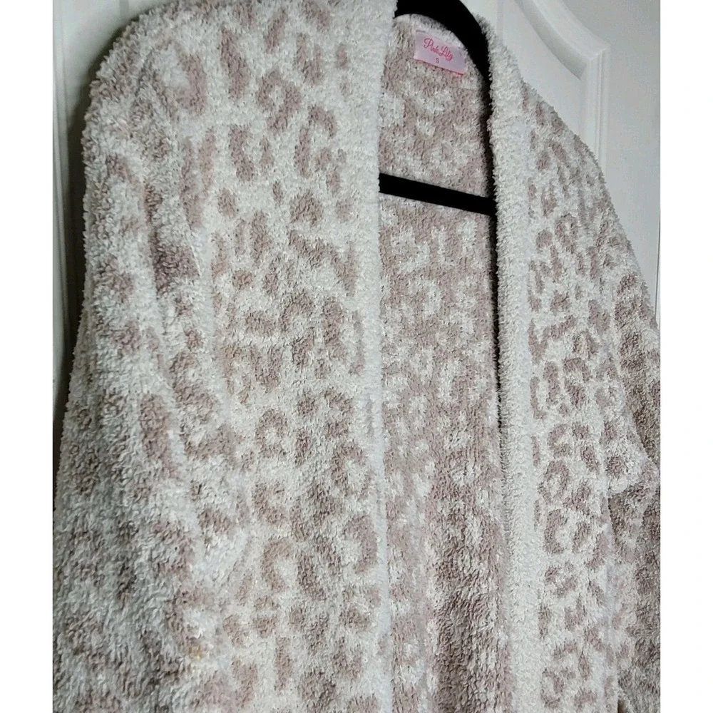 Pink Lily Beige White Knit Cozy Cardigan‎ Sweater Leopard Print Pockets S Women
